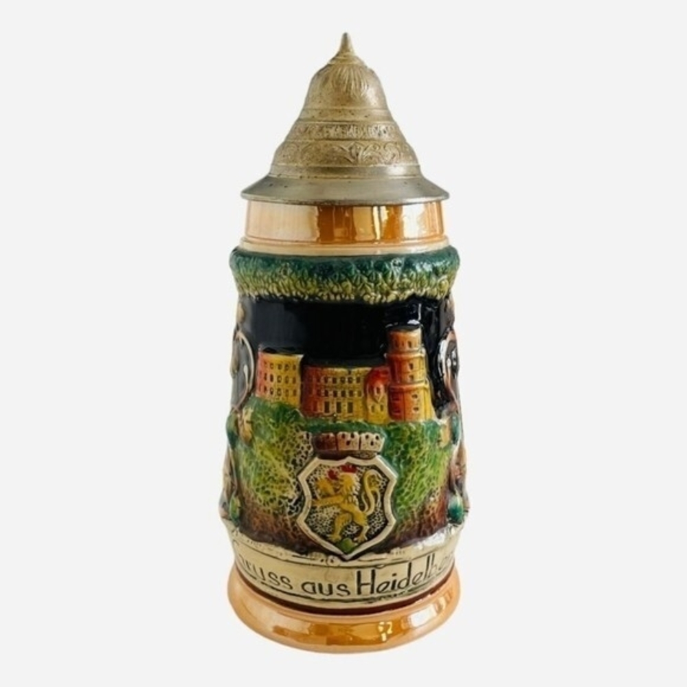 King German Beer Stein Gruss Aus Heidelberg Ceramic Metal Lid .8L Hand Painted